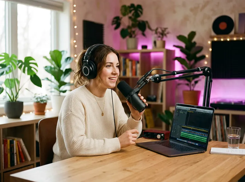 A podcaster recording at a desk with a laptop