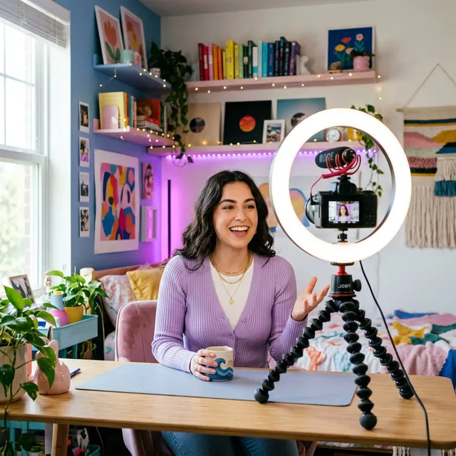 A creator filming with a ring light