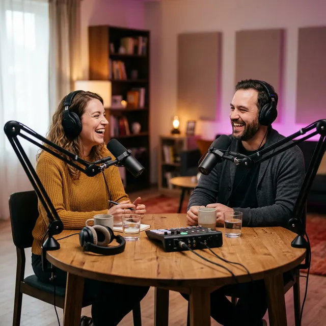 Two hosts recording a video podcast