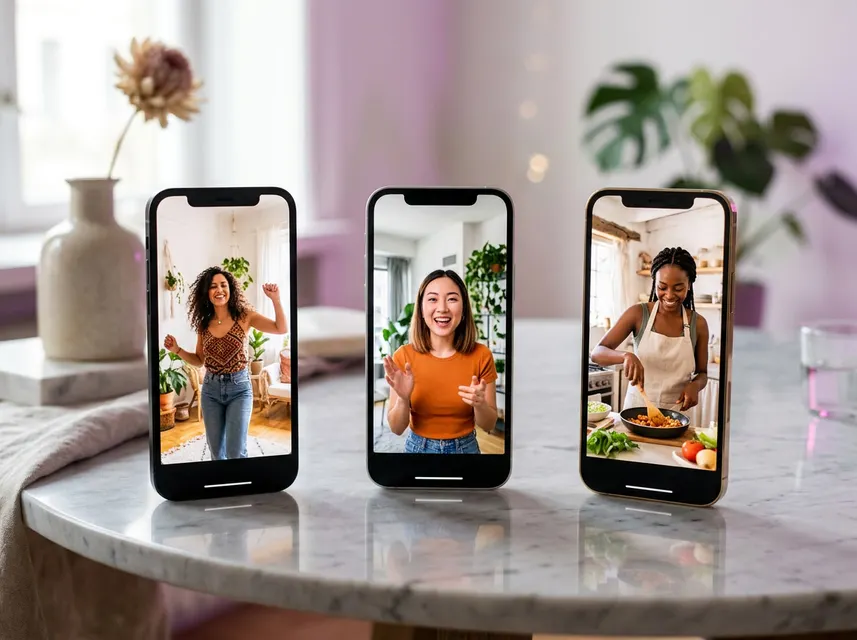 Three phones playing different short clips