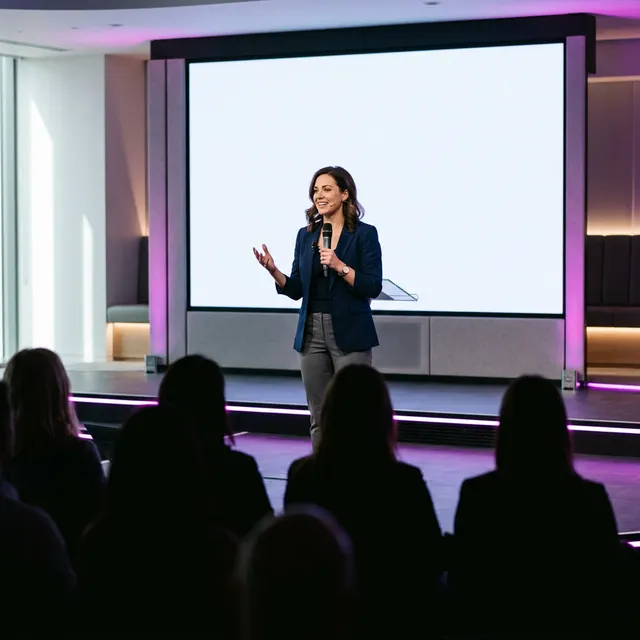 A speaker presenting on stage